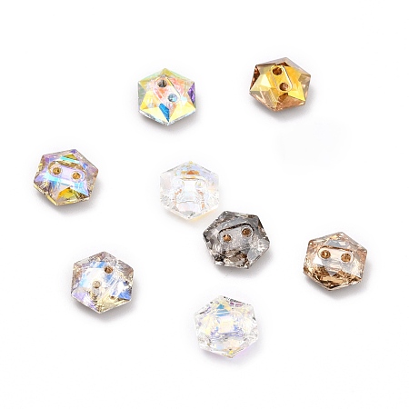 Arricraft 2-Hole Hexagon Glass Rhinestone Buttons, Faceted, Mixed Color, 10x9x4mm, Hole: 1.2mm