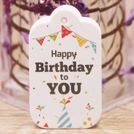Honeyhandy Paper Gift Tags, Hange Tags, For Arts and Crafts, Birthday Theme, Rectangle with Word Happy Birthday to You, White, 50x30x0.4mm, Hole: 3mm