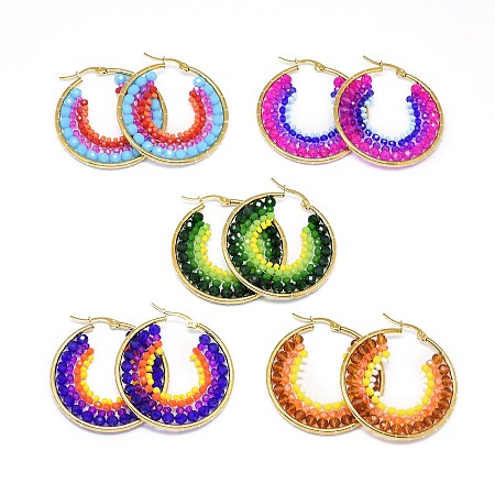 NBEADS 304 Stainless Steel Hoop Earrings, with Glass Beads, Ring, Golden, Mixed Color, 41.5~42.5x40x4mm