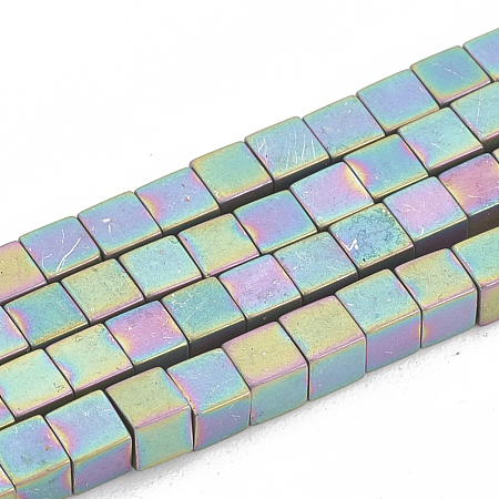 ARRICRAFT Electroplate Non-magnetic Synthetic Hematite Beads Strands, Matte Style, Cube, Rainbow Plated, 3x3x3mm, Hole: 1mm; about 140pcs/strand, 16.5 inches