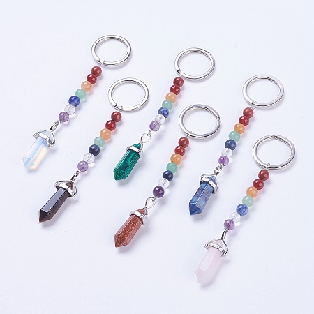 Honeyhandy Natural/Synthetic Gemstone Chakra Pointed Keychain, with Mixed Stone and Platinum Plated Brass Key Findings, Bullet, 108~112mm, Ring: 24x2mm, Bead: 6~7mm, Pendant: 35~39x13x9mm
