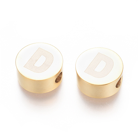 Honeyhandy 304 Stainless Steel Beads, Flat Round with Letter, Letter.D, 10x4.5mm, Hole: 2mm