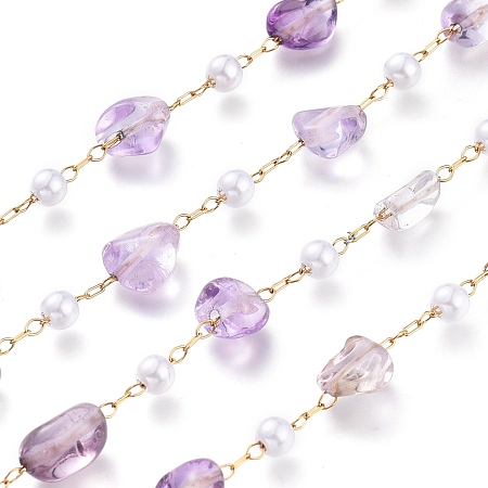 ARRICRAFT 304 Stainless Steel Link Chains, with Glass Pearl & Natural Ametrine Nuggets Beads, Long-Lasting Plated, Unwelded, with Spool, Golden, Stone: 5~9.5x5~11x3.5~7.5mm