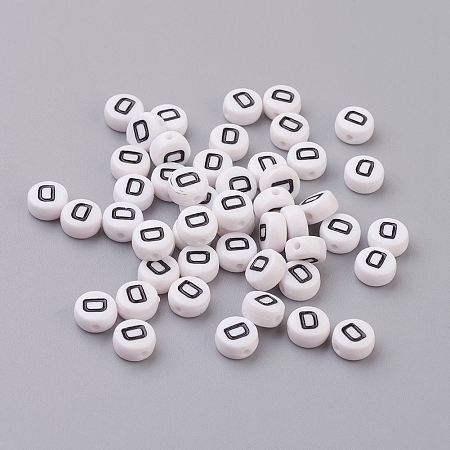 Honeyhandy Flat Round with Letter D Acrylic Beads, with Horizontal Hole, White & Black, Size: about 7mm in diameter, 4mm thick, hole: 1mm