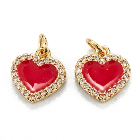 Honeyhandy Brass Micro Pave Clear Cubic Zirconia Pendants, with Enamel, Real 18K Gold Plated, Long-Lasting Plated, Heart, Red, 12x11x2mm, Hole: 3.2mm