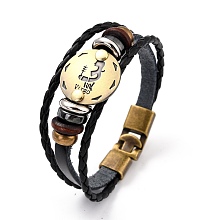 Honeyhandy Braided Leather Cord Retro Multi-strand Bracelets, with Wood Beads, Hematite Beads and Alloy Findings, Flat Round,  Antique Bronze, Virgo, 8-1/4 inch(21cm)