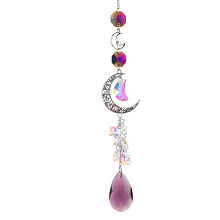 Honeyhandy Glass Moon Hanging Suncatcher Pendant Decoration, Teardrop Crystal Ceiling Chandelier Ball Prism Pendants, with Alloy & Iron Findings, Pale Violet Red, 420~430mm