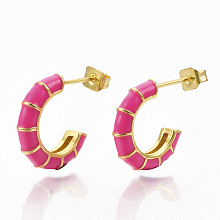 Honeyhandy Brass Stud Earrings, Half Hoop Earrings, with Enamel and Earring Backs, Real 18K Gold Plated, Bamboo Shape, Deep Pink, 21x16.5x3.5mm, Pin: 0.7mm