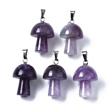 Honeyhandy Natural Amethyst Pendants, with Stainless Steel Snap On Bails, Mushroom Shaped, 24~25x16mm, Hole: 5x3mm