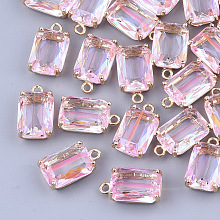 Honeyhandy Transparent Glass Pendants, with Brass Findings, Faceted, Rectangle, AB Color Plated, Light Gold, Pearl Pink, 17.5x10x6.5mm, Hole: 1.6mm