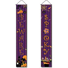 CREATCABIN Halloween Hanging Banner Beware Spooky Pumpkin Haunted House Bat Candy Spider Ghost Door Decor Porch Sign Purple for Indoor Outdoor Holiday Home Party Porch Wall Xmas 11.8 x 70.8inch