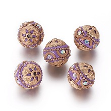 Honeyhandy Handmade Indonesia Beads, with Alloy Findings and Iron Chain, Round, Light Gold, Medium Purple, 20x19.5mm, Hole: 2mm