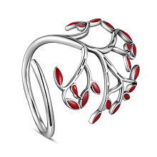 SHEGRACE Adjustable 925 Sterling Silver Finger Ring, with Enamel, Leaves, Size 8, Red, 18mm