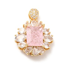 Honeyhandy Brass Micro Pave Clear Cubic Zirconia Pendants, with Glass, Flat Round with Rectangle, Real 18K Gold Plated, Pink, 25mm, Hole: 5x1.5mm