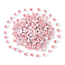 Arricraft White Opaque Acrylic Beads, Flat Round with Expression, FireBrick, 7x4mm, Hole: 1.6mm, 200pcs/set