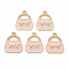 Honeyhandy Alloy Enamel Pendants, with Crystal Rhinestone, Light Gold, Bag, Pink, 19x16x3mm, Hole: 2mm