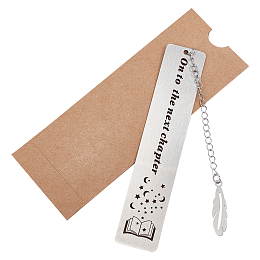 CRASPIRE Stainless Steel Bookmarks Silver Lettering Bookmarks with Feather Pendant with Kraft Paper Bag for Book Lovers Teacher Students (On to the next chapter)