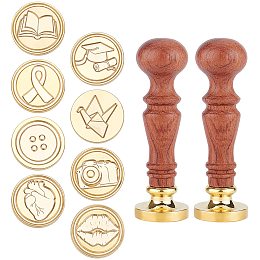 CRASPIRE 10PCS Wax Seal Stamp Set Cap Book Paper Cranes Camera Button Heart Brass Stamp Heads 25mm with Universal Wooden Handles for Graduation Invitation Cards Gift Decoration