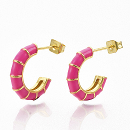 Honeyhandy Brass Stud Earrings, Half Hoop Earrings, with Enamel and Earring Backs, Real 18K Gold Plated, Bamboo Shape, Deep Pink, 21x16.5x3.5mm, Pin: 0.7mm