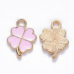 Honeyhandy Alloy Enamel Pendants, Clover, Light Gold, Pink, 18x12x2mm, Hole: 2mm