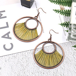 Honeyhandy Creative Design Alloy Dangle Earrings, with Yarn, Flat Round, Red Copper, Yellow, 75x55mm