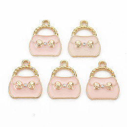 Honeyhandy Alloy Enamel Pendants, with Crystal Rhinestone, Light Gold, Bag, Pink, 19x16x3mm, Hole: 2mm