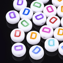 Honeyhandy Initial Acrylic Beads, Horizontal Hole, Flat Round, Mixed Color, Letter.D, 7x3.5~4mm, Hole: 1.2mm, about 370pcs/50g