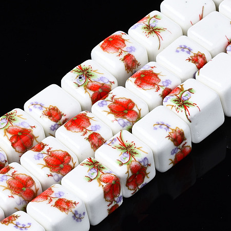 Arricraft Handmade Porcelain Ceramic Beads Strands, Flower Printed, Cube, Red, 9x9x9mm, Hole: 2.5mm, about 36pcs/strand, 12.4 inches(31.5cm)