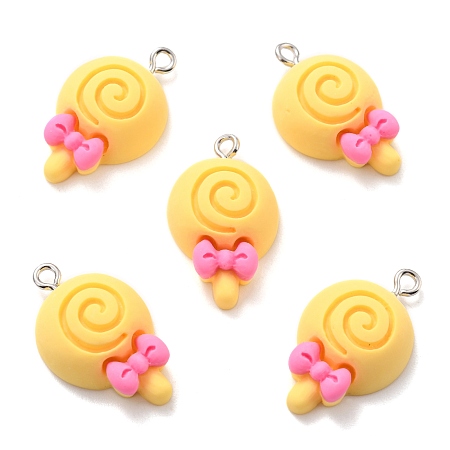 ARRICRAFT Resin Pendants, with Platinum Tone Iron Loop, Lollipop with Bowknot, Gold, 26x15.5x7mm, Hole: 2mm