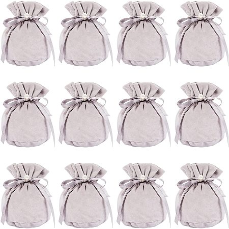 NBEADS 12 Pcs Velvet Bags, Drawstring Pouches Jewelry Storage Bags with Plastic Imitation Pearl for Christmas Wedding Birthday Party Favors, Gray, 13.2x14cm