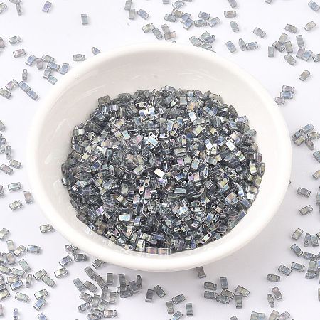 MIYUKI Half TILA Beads, Japanese Seed Beads, 2 Hole, (HTL2440D) Dark Transparent Gray Rainbow Luster, 5x2.3x1.9mm, Hole: 0.8mm; about 250pcs/10g