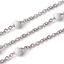 Honeyhandy 304 Stainless Steel Cable Chains, Satellite Chains, with Enamel, Soldered, with Spool, Flat Oval, White, 2.4x2x0.4mm, Beads: 4mm, about 32.8 Feet(10m)/roll