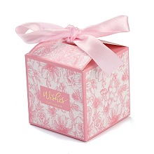 Honeyhandy Wedding Theme Folding Gift Boxes, Square with Flower & Word Wishes A GIFT FOR YOU and Ribbon, for Candies Cookies Packaging, Pink, 7x7x8.3cm