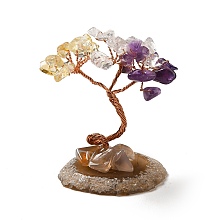 Honeyhandy Natural Citrine & Amethyst & Quartz Crystal Chips Tree Display Decorations, Copper Wire Wrapped Feng Shui Ornament, 35~39x39~48x59~80mm