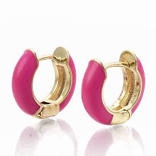 Honeyhandy Brass Huggie Hoop Earrings, with Enamel, Real 18K Gold Plated, Deep Pink, 14x15x5mm, Pin: 1x1mm