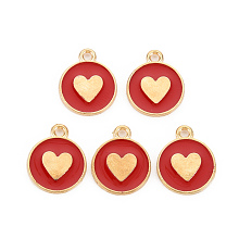 Honeyhandy Alloy Enamel Pendants, Cadmium Free & Lead Free, Light Gold, Flat Round with Heart, Crimson, 16x13x2mm, Hole: 1.6mm