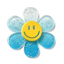 Honeyhandy Gradient Color Transparent Acrylic Pendants, with Sequins, Sunflower with Smiling Face Charm, Deep Sky Blue, 30x27x4mm, Hole: 1.6mm