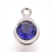 Honeyhandy Faceted Glass Charms, with Platinum Plated Alloy Findings, Teardrop, September Birthstone Charms, Sapphire, 11.3x7.2x4.2mm, Hole: 1.2mm