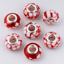 Honeyhandy Resin European Beads, Large Hole Beads, with Platinum Tone Brass Double Cores, Rondelle, FireBrick, 14x9mm, Hole: 5mm