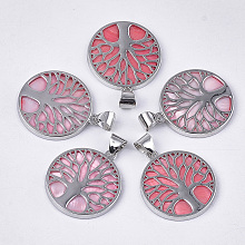 Honeyhandy Freshwater Shell Pendants, with Alloy Findings, Dyed, Flat Round with Tree of Life, Platinum, Hot Pink, 37.5x33.5x3mm, Hole: 6x8.5mm