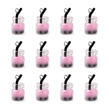 Honeyhandy Glass Bottle Pendants, with Resin Inside and Iron Findings, Imitation Bubble Tea/Boba Milk Tea, Pink, 20~25x11~14x11mm, Hole: 1.8mm