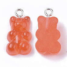 Honeyhandy Resin Pendants, with Platinum Tone Iron Loop, Imitation Food, Bear, Coral, 20.5~22.5x11.5x7mm, Hole: 2mm