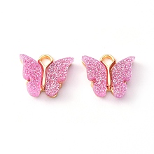 Honeyhandy Alloy Enamel Pendants with Glitter Powder and Zinc Alloy Hanging Plating, Butterfly, Light Gold, Pearl Pink, 13x15x3.5mm, Hole: 2.0mm