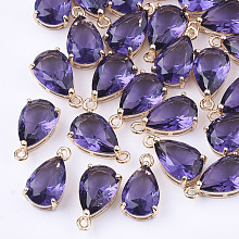 Honeyhandy Transparent Glass Charms, with Brass Findings, Faceted, Teardrop, Light Gold, Medium Purple, 15x8x6mm, Hole: 1.2mm