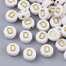 Honeyhandy Plating Acrylic Beads, Golden Metal Enlaced, Horizontal Hole, Flat Round with Alphabet, White, Letter.D, 7x3.5mm, Hole: 1.2mm, about 360pcs/50g