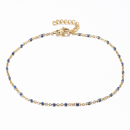 Honeyhandy 304 Stainless Steel Cable Chain Anklets, with Enamel Links, Golden, Dark Blue, 9 inch(23cm), 1.5~2mm