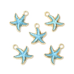 Honeyhandy Alloy Enamel Pendants, Starfish, Light Gold, Deep Sky Blue, 18x15x3mm, Hole: 2.5mm