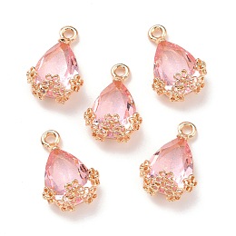 Honeyhandy Rhinestone Pendants, with Light Gold Alloy Settings, Teardrop with Flower, Light Rose, 20x12.5x6mm, Hole: 1.8mm