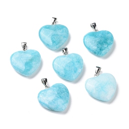 Natural Quartz Pendants, Heart Charm, with Platinum Plated Brass Bails, Dyed, Light Sky Blue, 27x25.5x7.5mm, Hole: 7.5x4mm