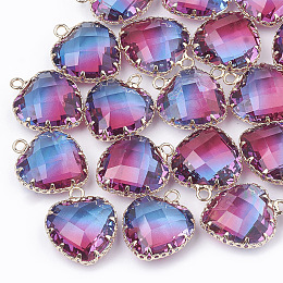 Honeyhandy K9 Glass Pendants, Imitation Tourmaline, with Golden Tone Brass Findings, Faceted, Heart, Purple, 20x16.5x8mm, Hole: 2mm